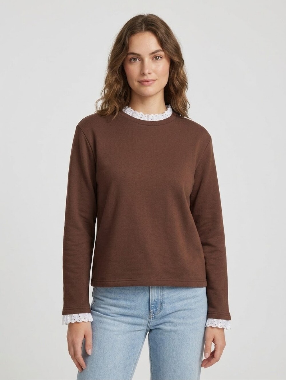 RUANJO Chocolate Brown Lace Trim Crewneck Sweatshirt Top Size S